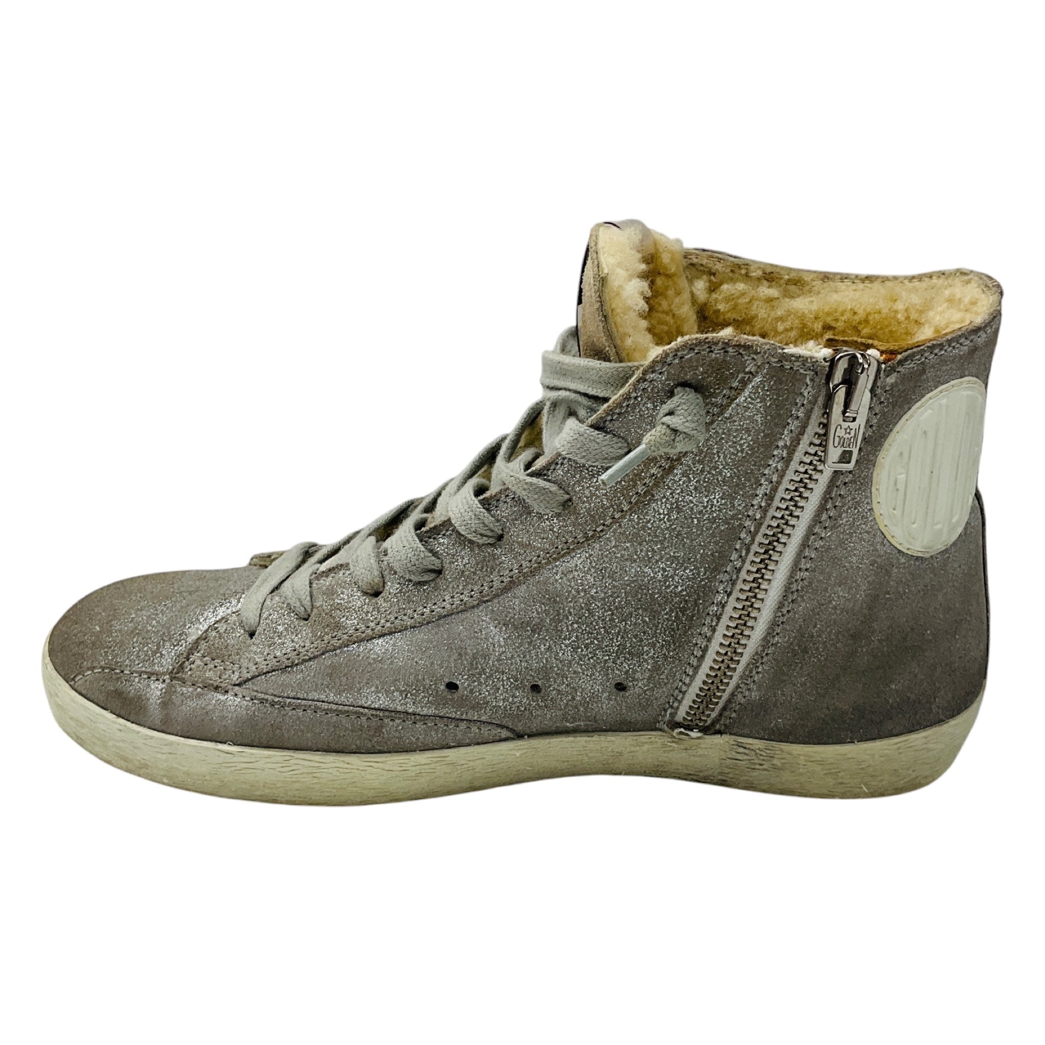 Golden Goose Deluxe Brand Silver Glitter Suede and Shearling Lined Francy High Top Sneakers