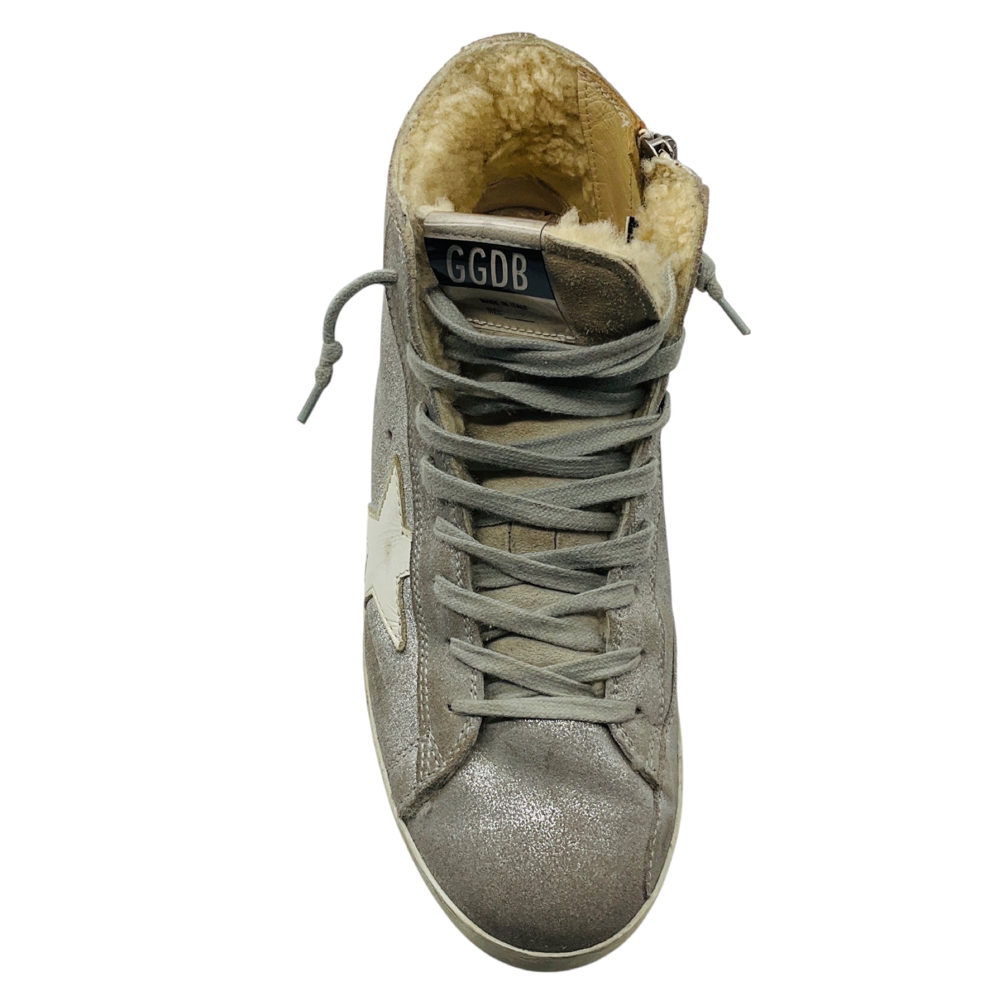 Golden Goose Deluxe Brand Silver Glitter Suede and Shearling Lined Francy High Top Sneakers