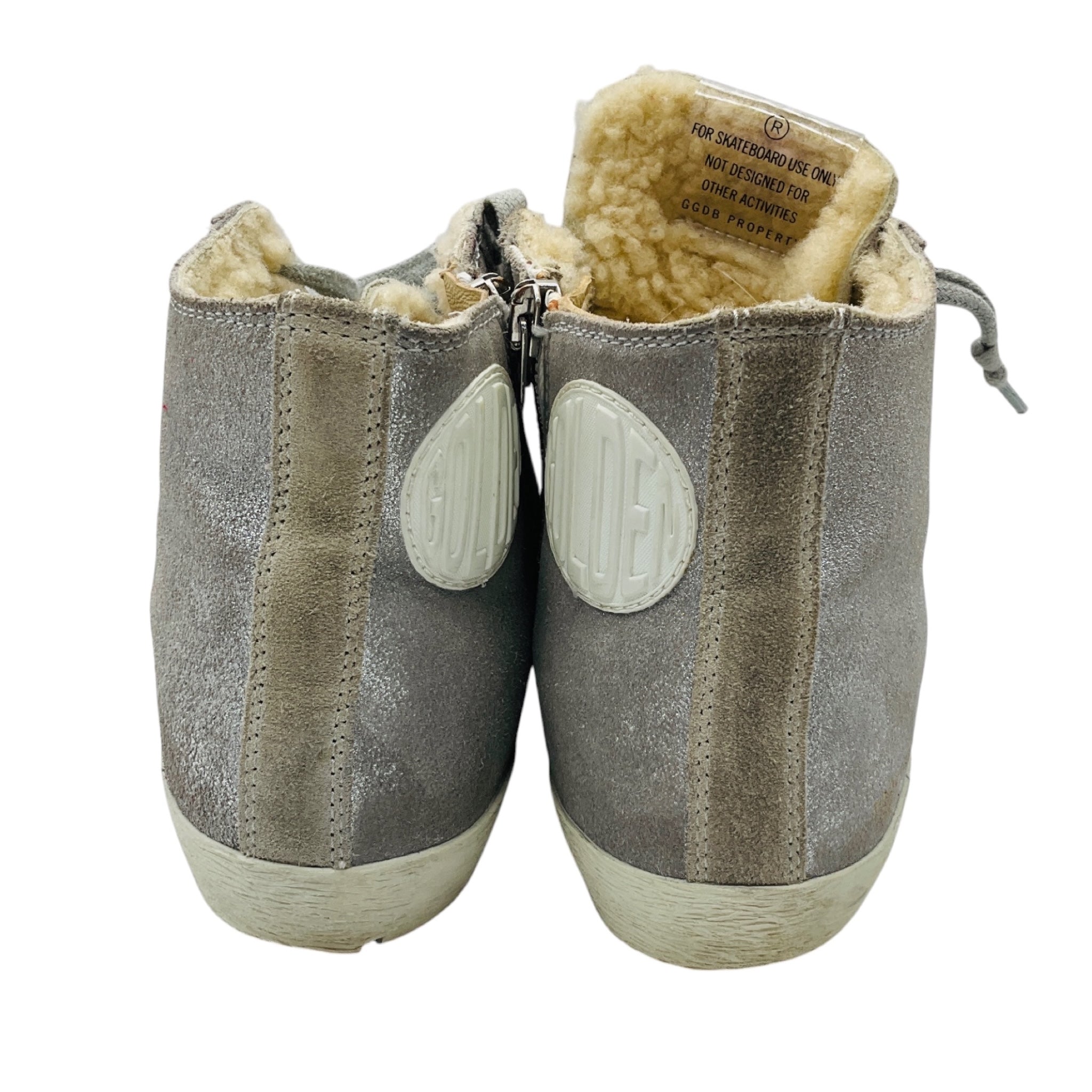Golden Goose Deluxe Brand Silver Glitter Suede and Shearling Lined Francy High Top Sneakers
