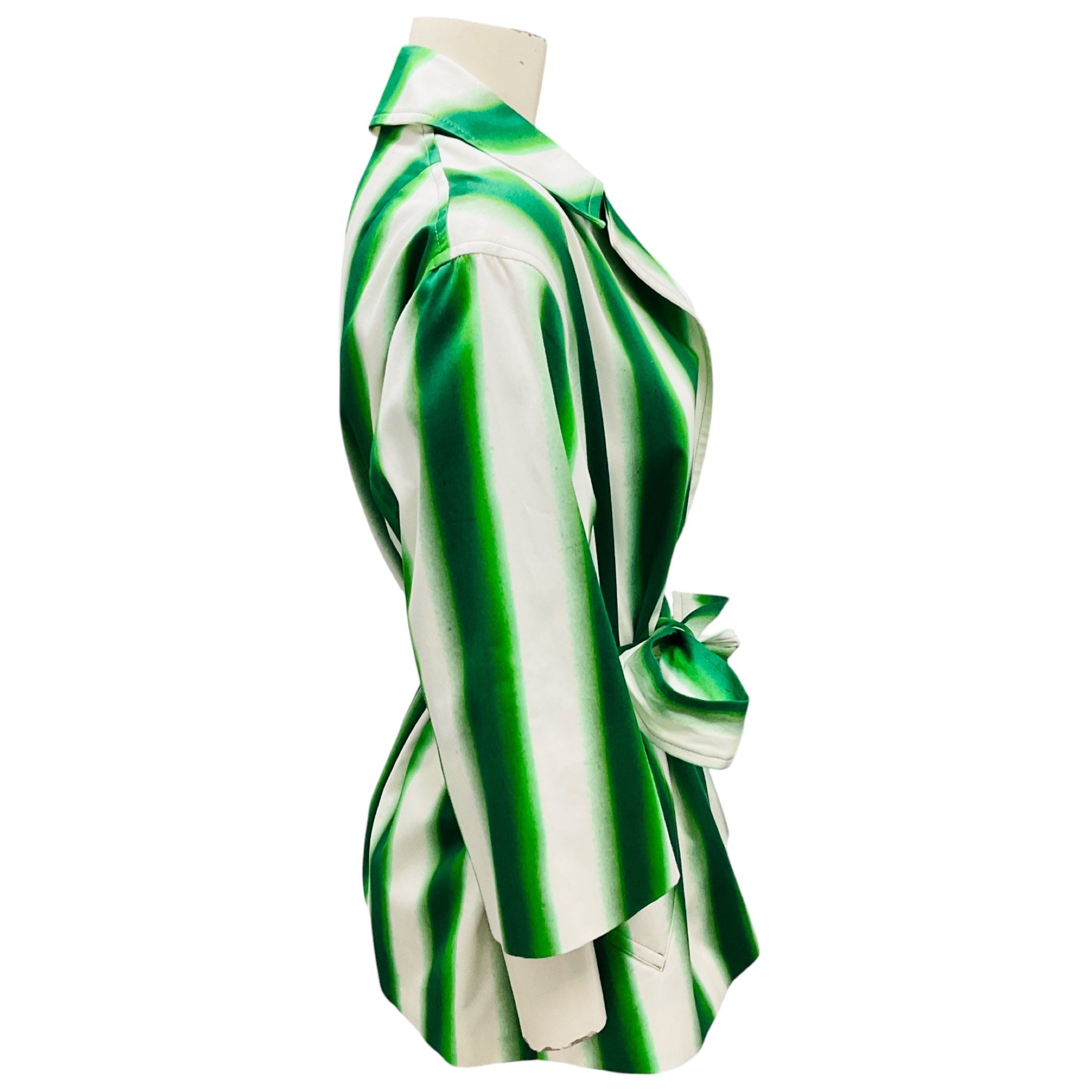 Dries Van Noten Green / White Striped Cotton Jacket with Belt