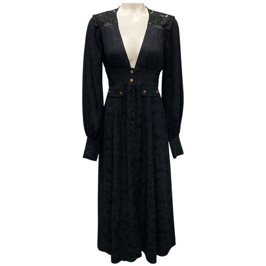 Maison Mayle Black Nerina Gathered Guipure Lace Trimmed Silk Jacquard Midi Dress