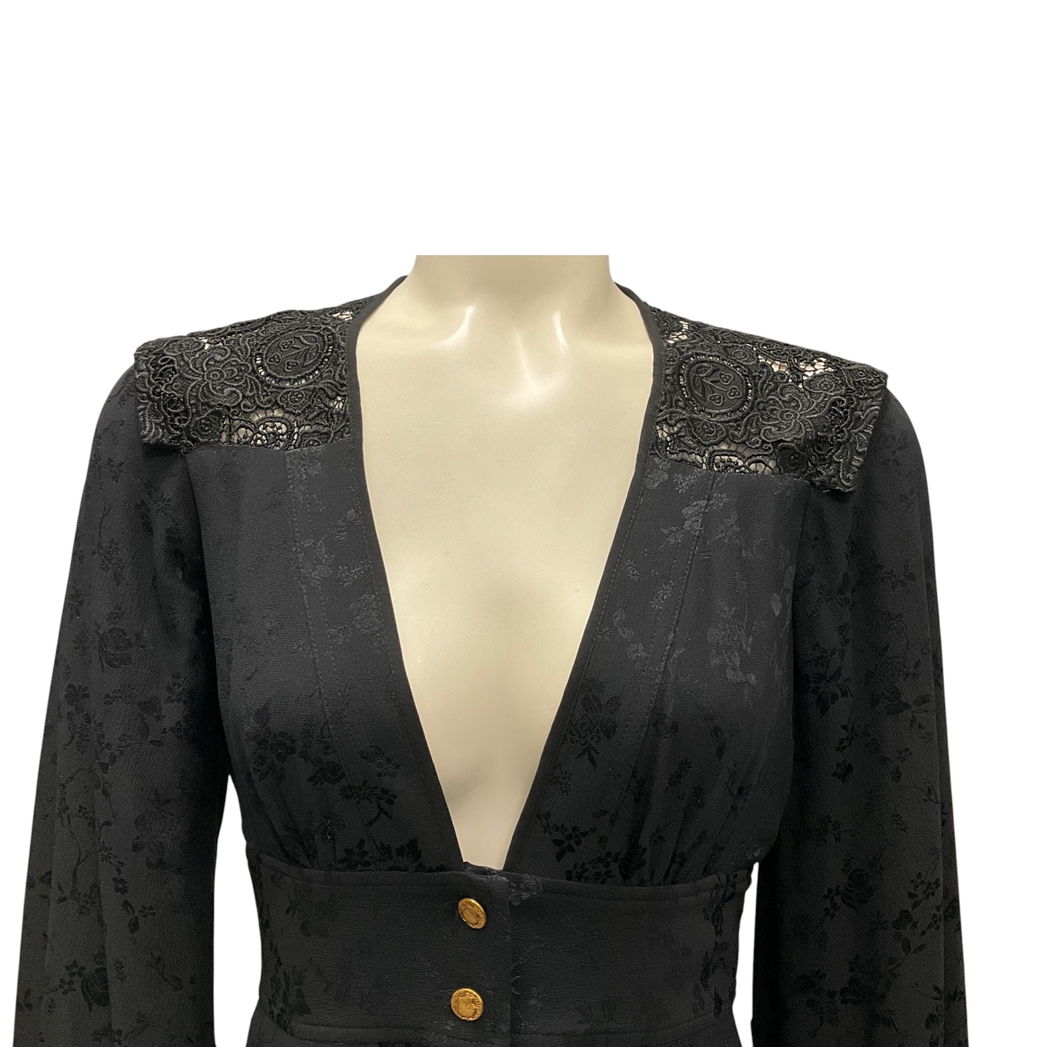 Maison Mayle Black Nerina Gathered Guipure Lace Trimmed Silk Jacquard Midi Dress