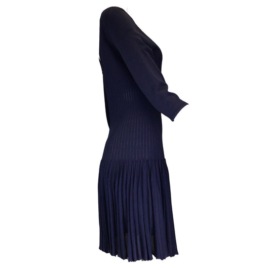 Alaia Navy Blue Pleated Three-Quarter Sleeved Viscose Knit Dress