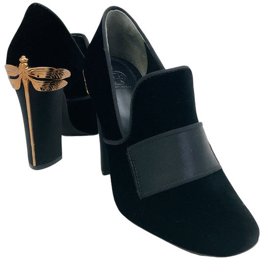 Tory Burch Black Velvet Pumps with Gold Dragonfly Detail on Heel
