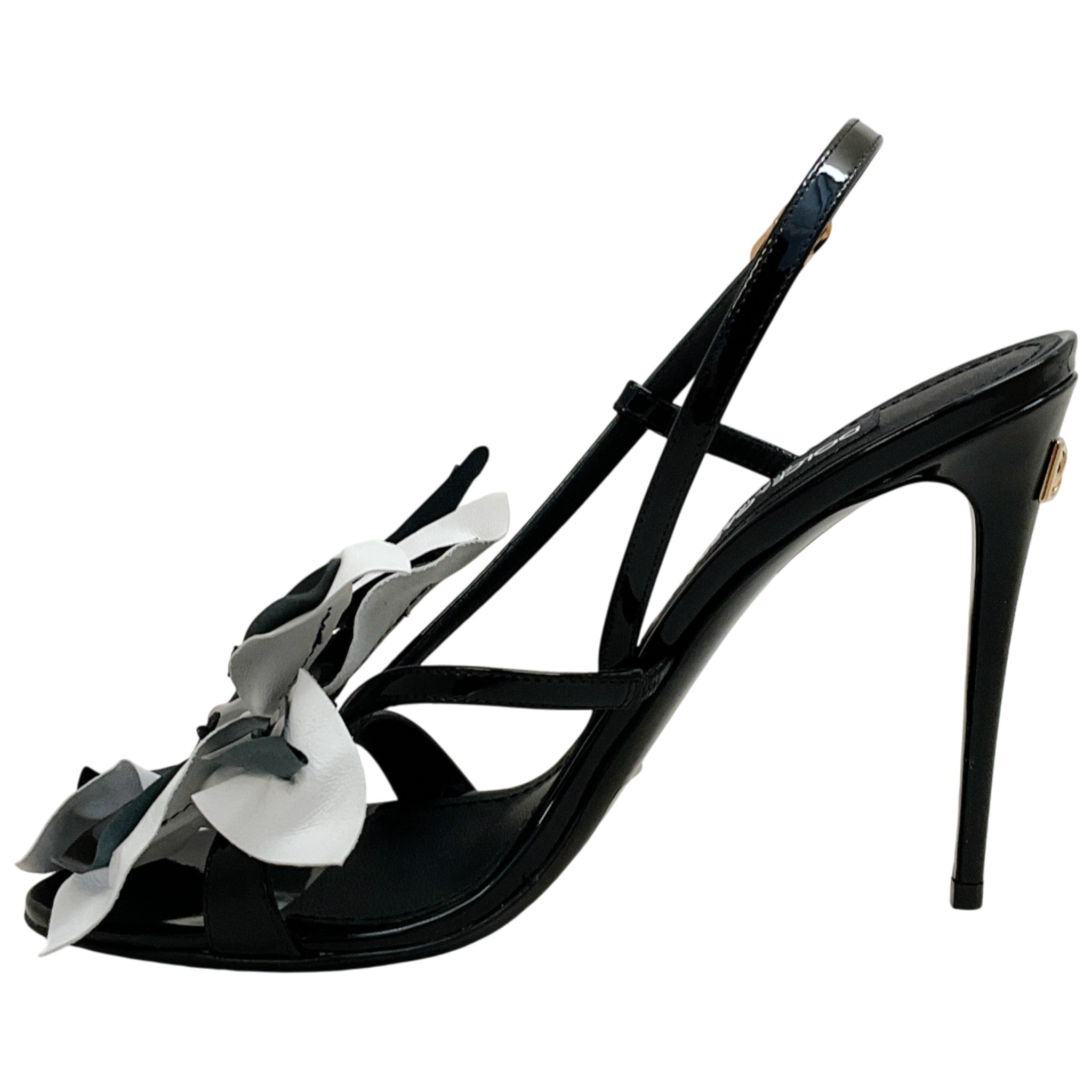 Dolce & Gabbana Black / White Patent Leather Flower Applique Sandals
