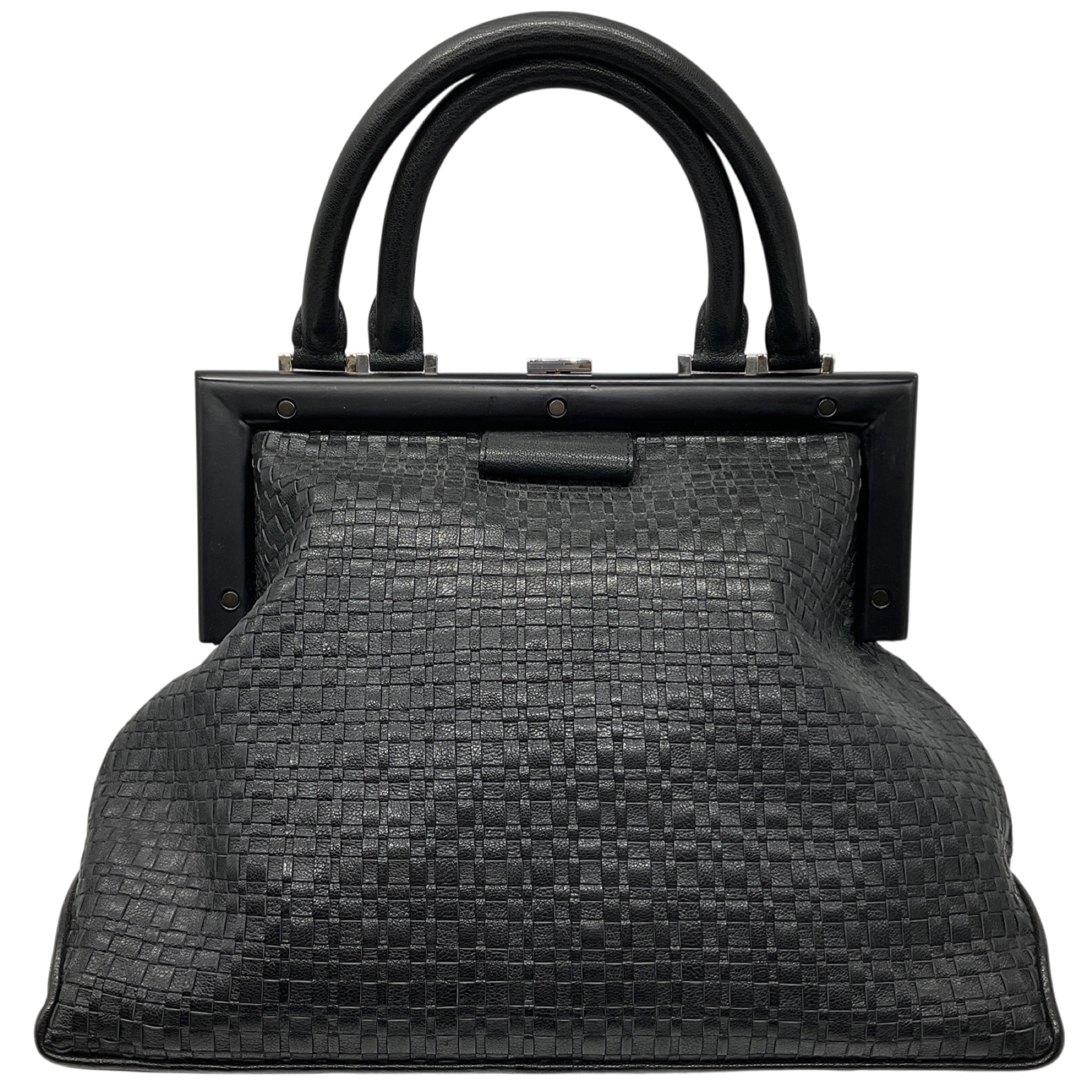 Perrin Paris Black Woven Leather Satchel Top Handle Bag