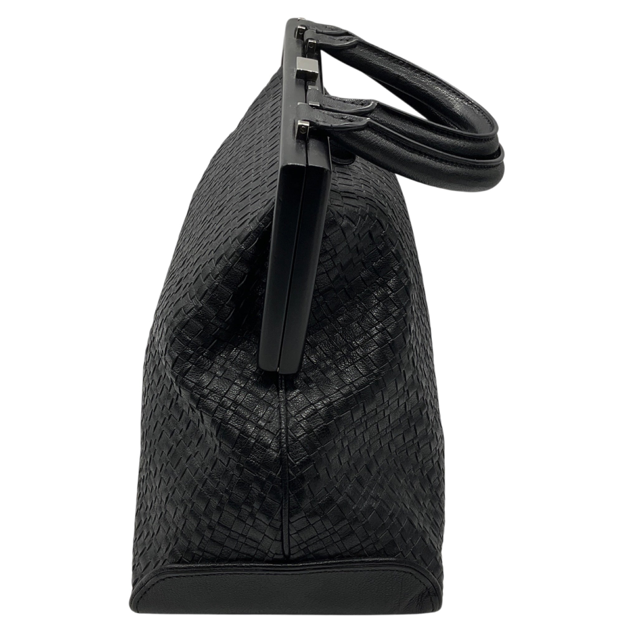 Perrin Paris Black Woven Leather Satchel Top Handle Bag