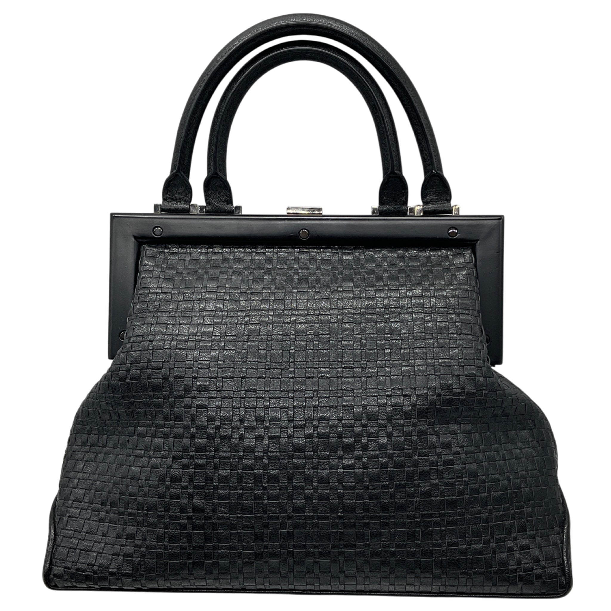 Perrin Paris Black Woven Leather Satchel Top Handle Bag