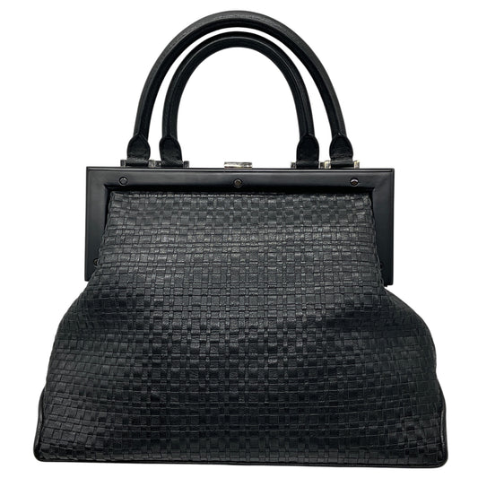Perrin Paris Black Woven Leather Satchel Top Handle Bag