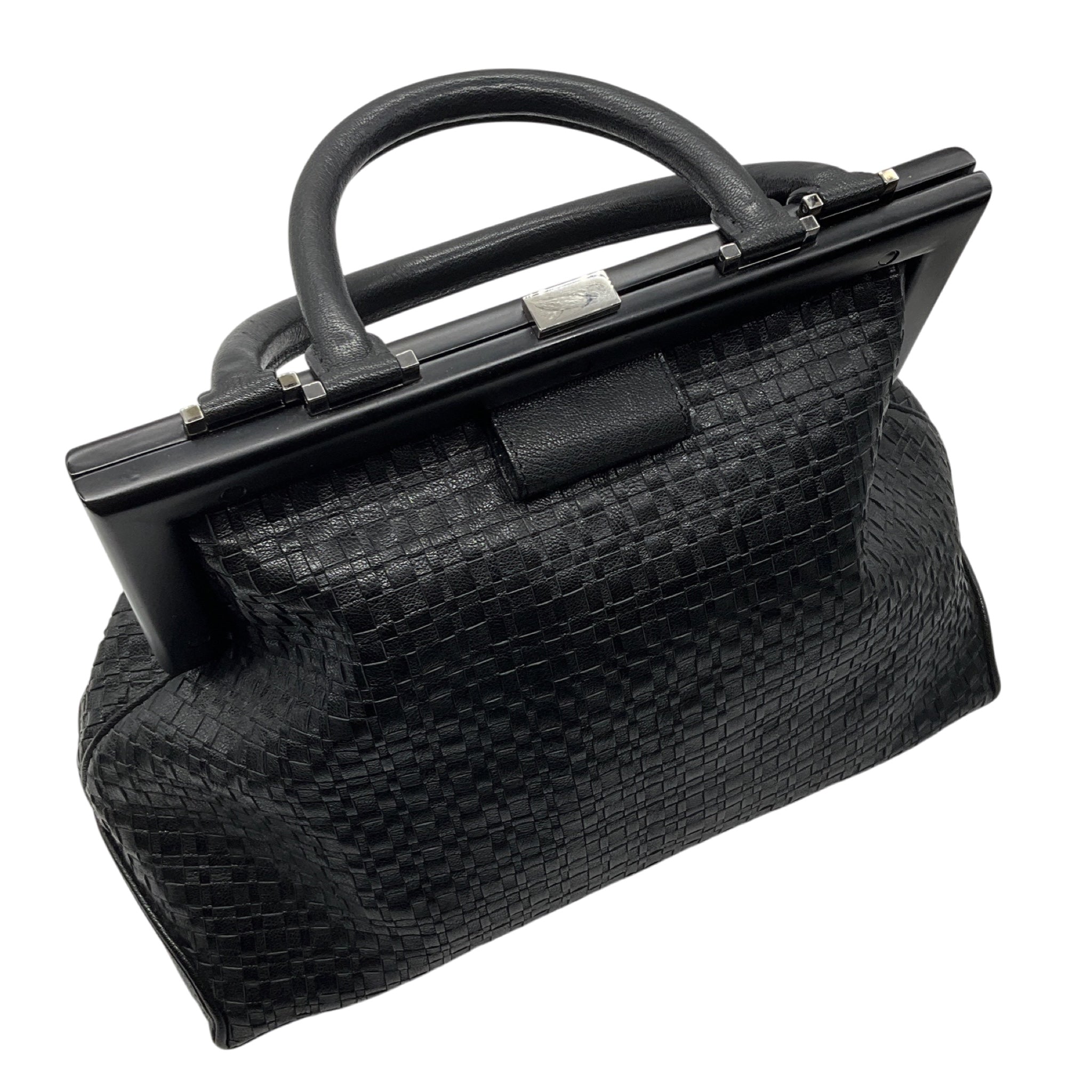 Perrin Paris Black Woven Leather Satchel Top Handle Bag