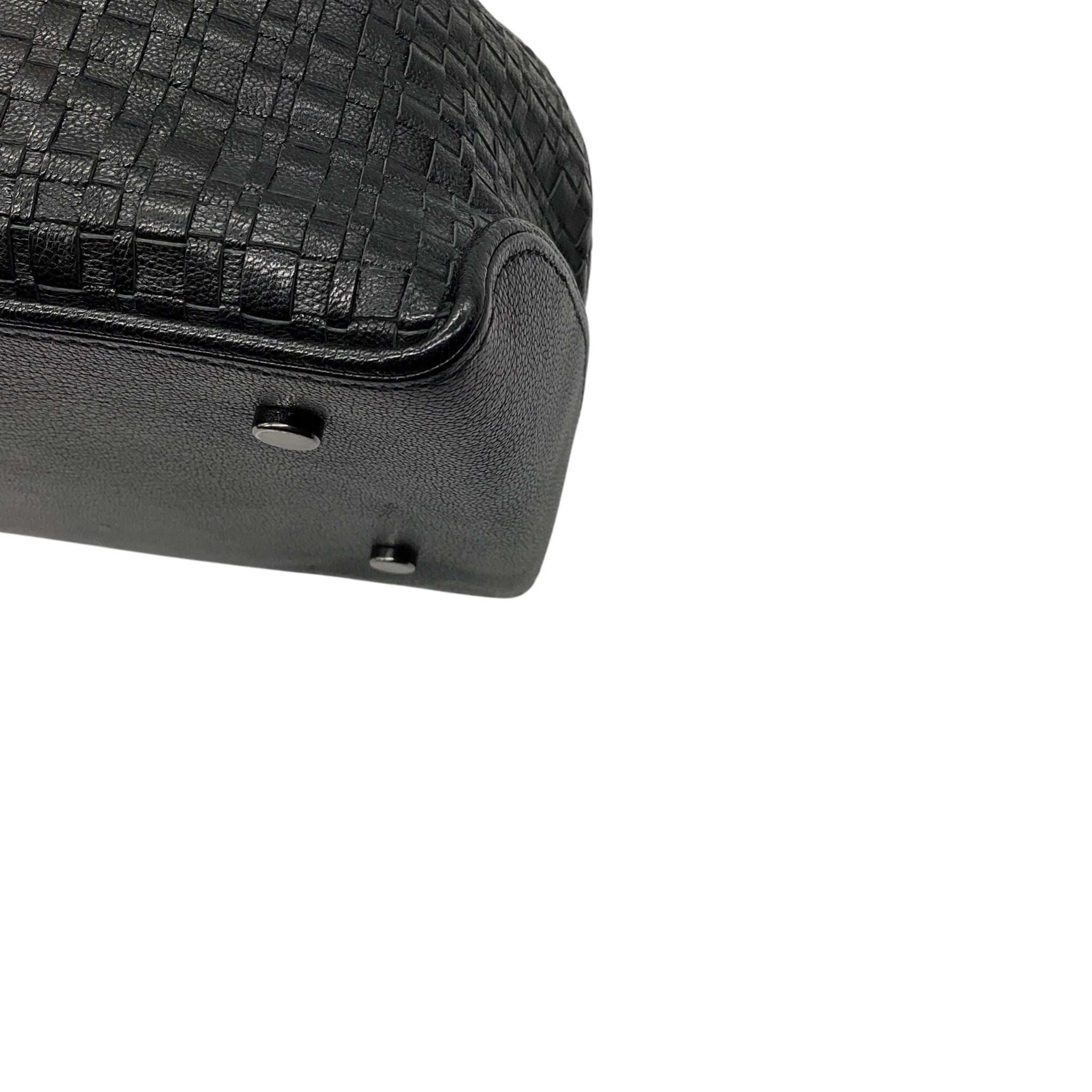 Perrin Paris Black Woven Leather Satchel Top Handle Bag