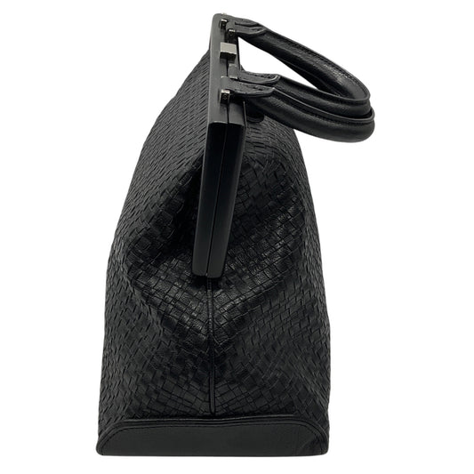 Perrin Paris Black Woven Leather Satchel Top Handle Bag