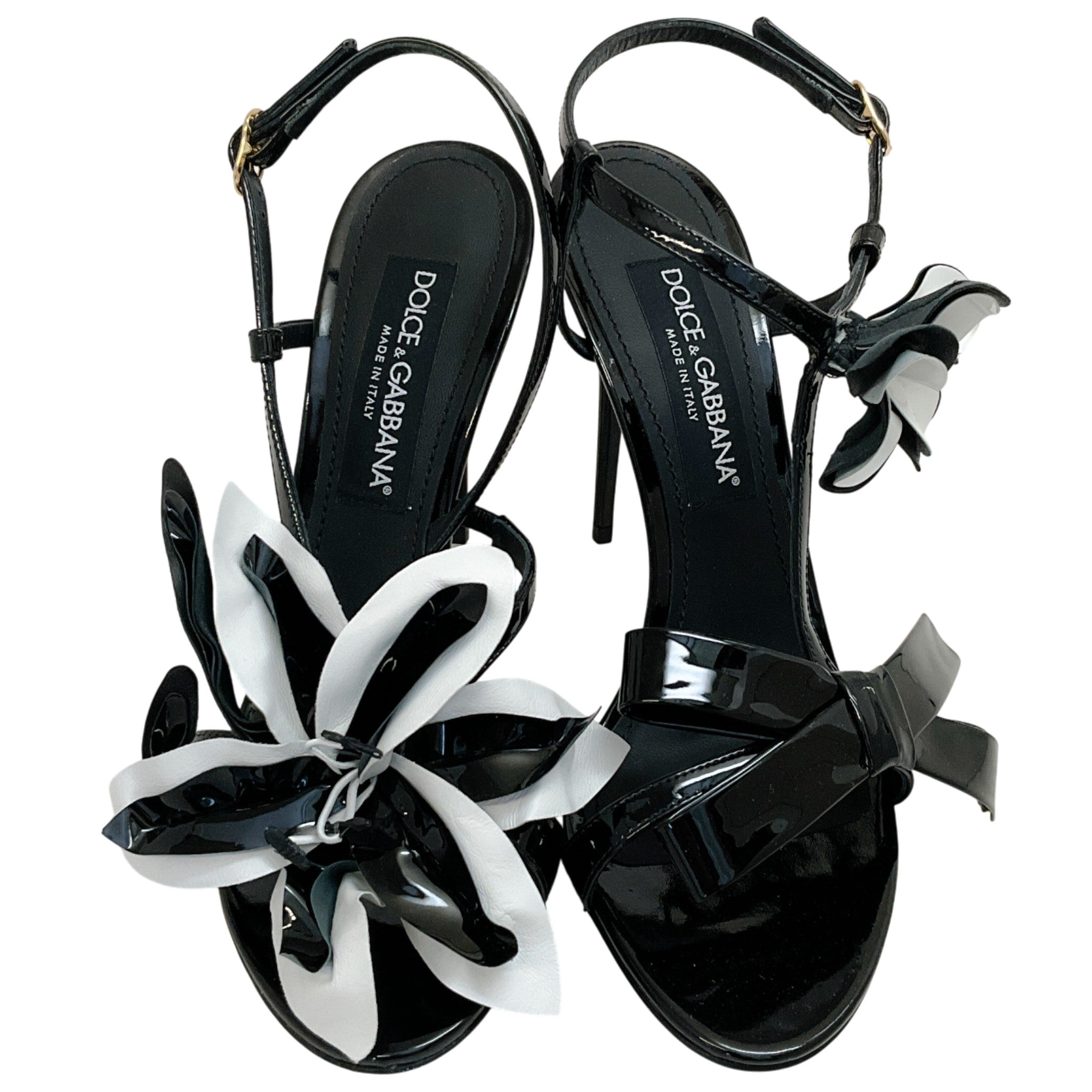 Dolce & Gabbana Black / White Patent Leather Flower Applique Sandals