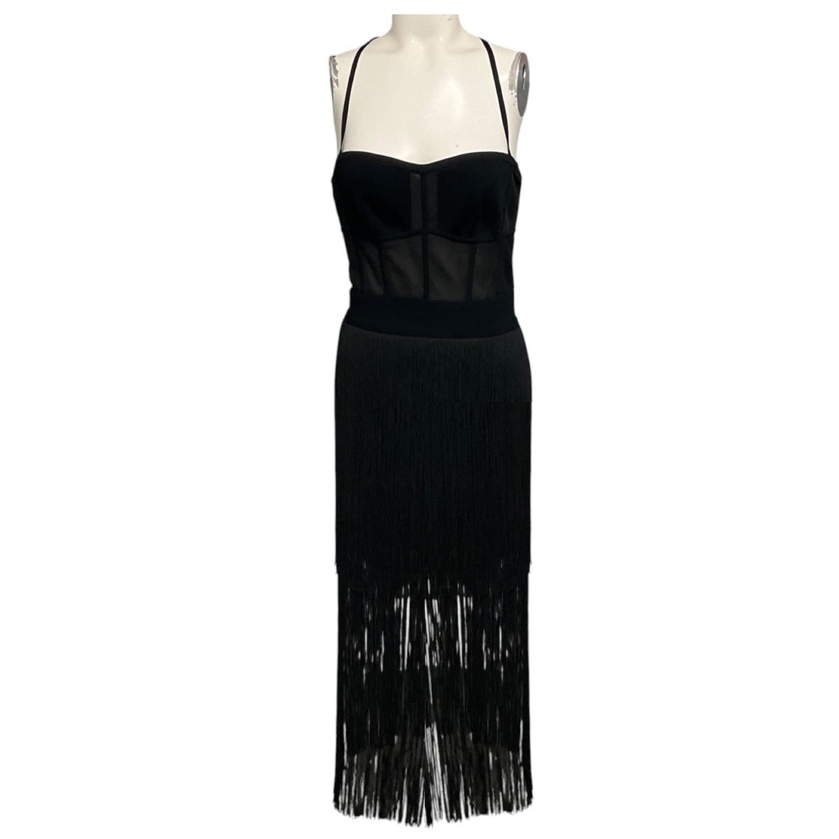 Herve Leger Black Bustier Fringe Midi Cocktail Dress