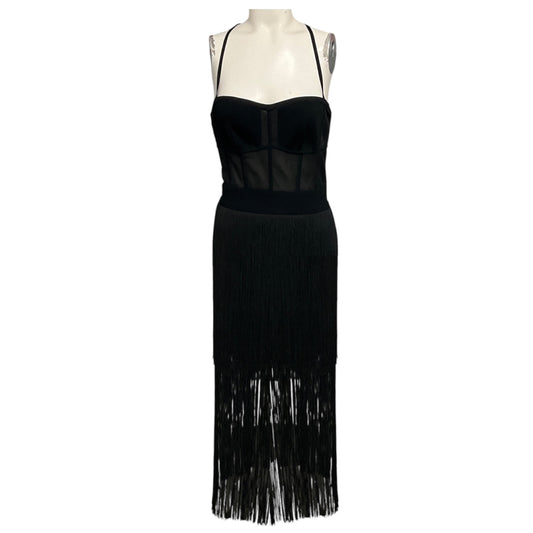 Herve Leger Black Bustier Fringe Midi Cocktail Dress
