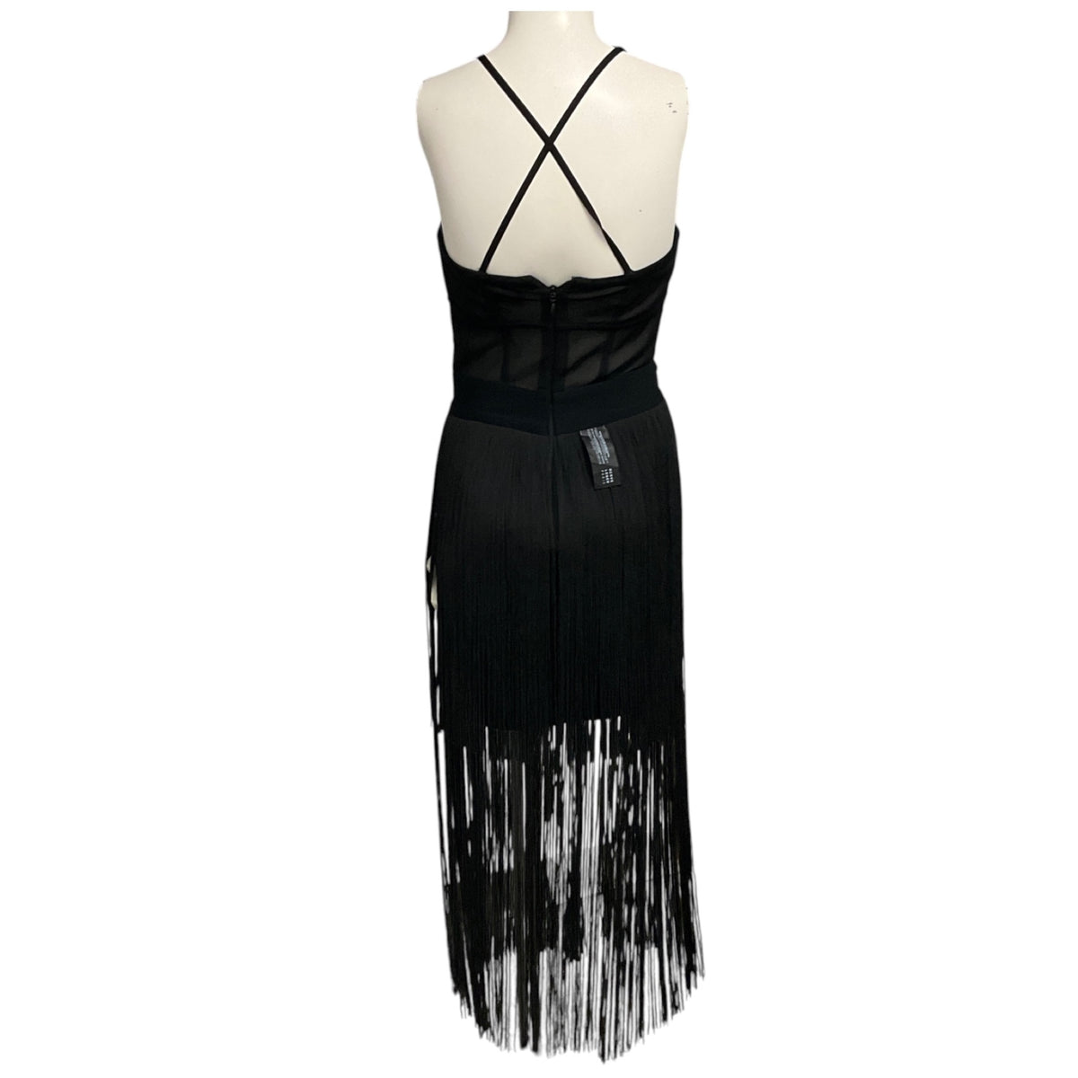 Herve Leger Black Bustier Fringe Midi Cocktail Dress