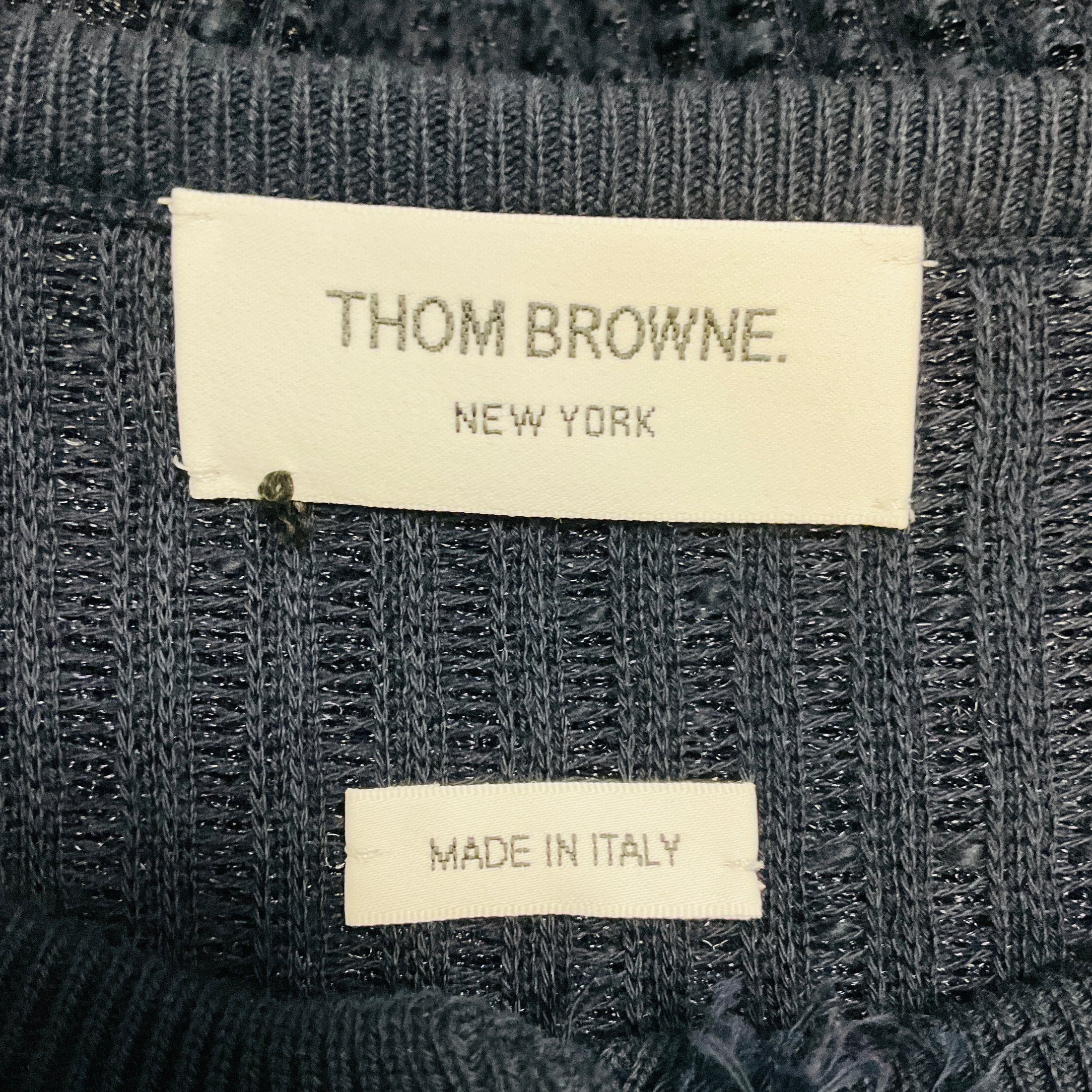 Thom Browne Navy Blue Fringed Cotton Knit Cardigan Sweater with Gold Anchor Buttons