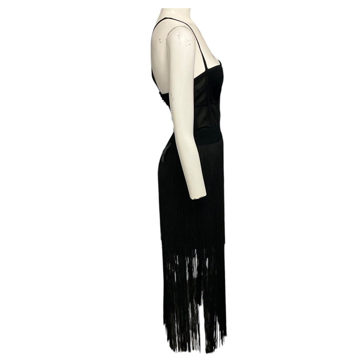 Herve Leger Black Bustier Fringe Midi Cocktail Dress