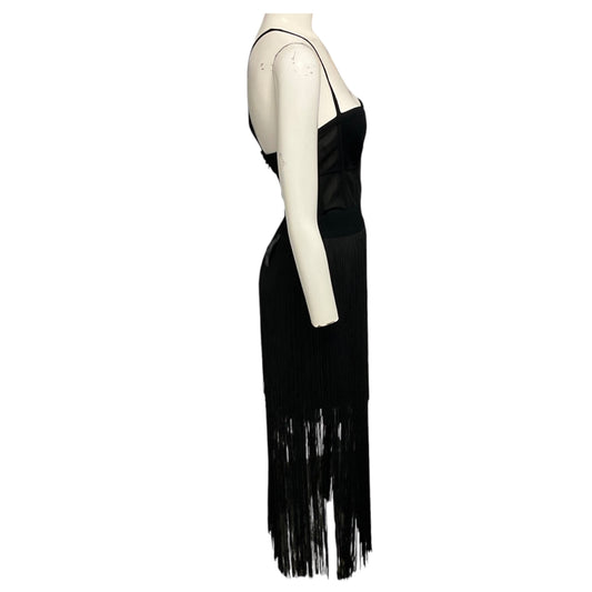 Herve Leger Black Bustier Fringe Midi Cocktail Dress