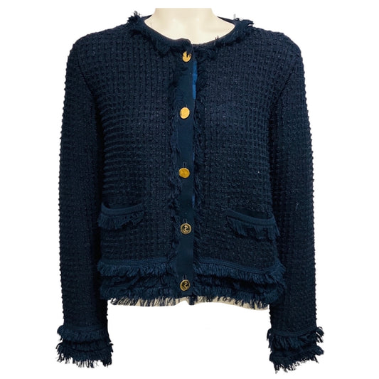 Thom Browne Navy Blue Fringed Cotton Knit Cardigan Sweater with Gold Anchor Buttons