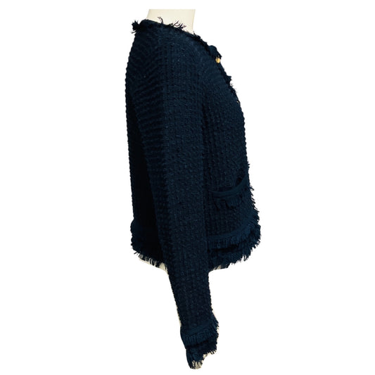 Thom Browne Navy Blue Fringed Cotton Knit Cardigan Sweater with Gold Anchor Buttons
