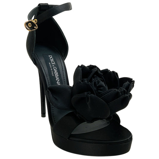 Dolce & Gabbana Black Satin Keira Platform Sandals with Rose Applique
