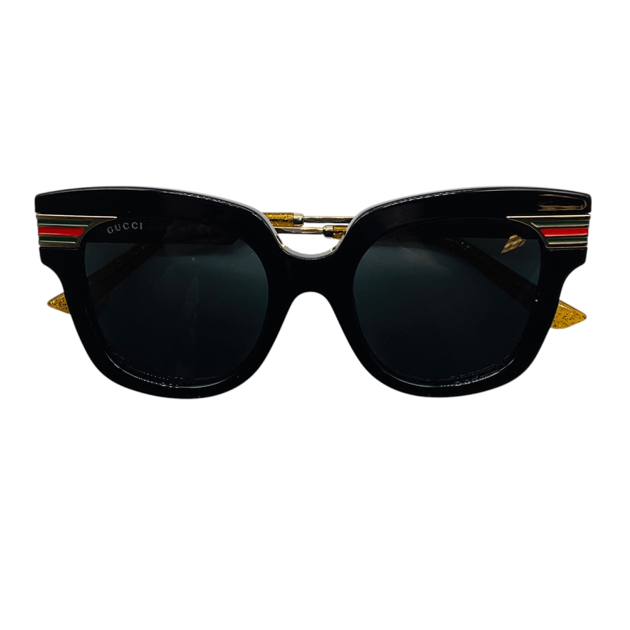 Gucci Black / Gold / Red / Green Web Detail GG Logo Oversized Acetate and Metal Sunglasses