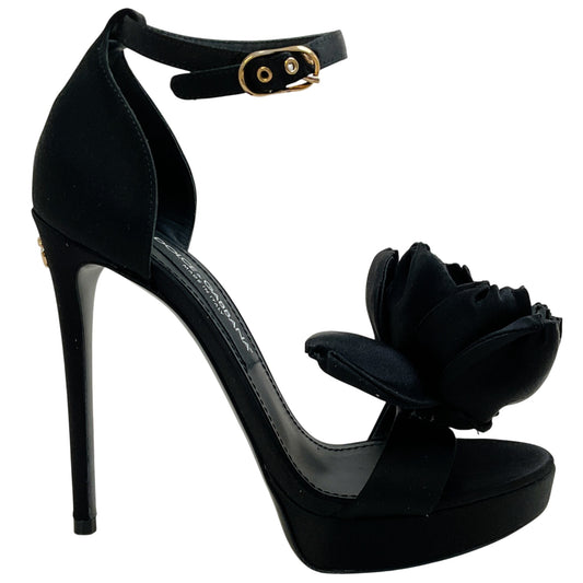 Dolce & Gabbana Black Satin Keira Platform Sandals with Rose Applique