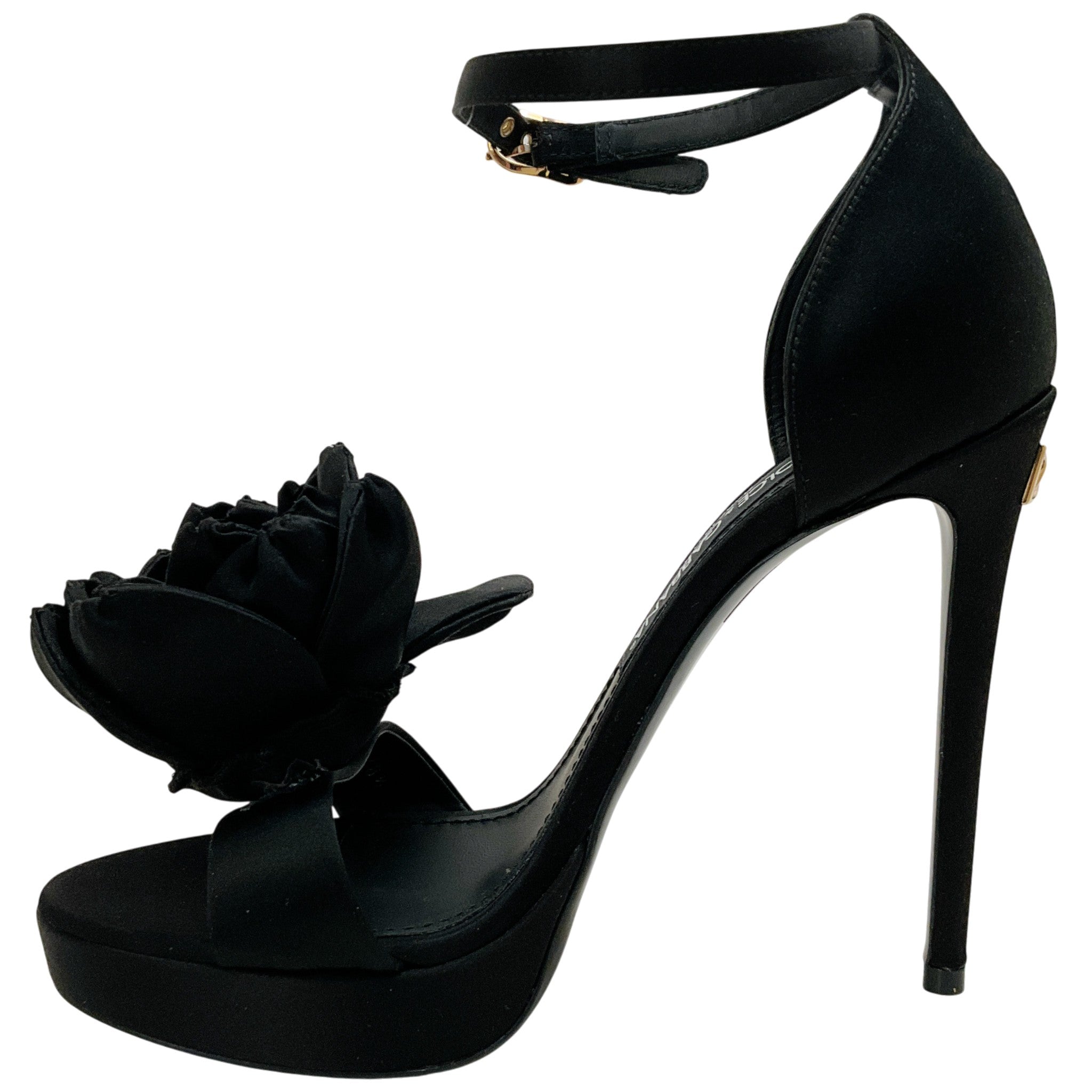 Dolce & Gabbana Black Satin Keira Platform Sandals with Rose Applique
