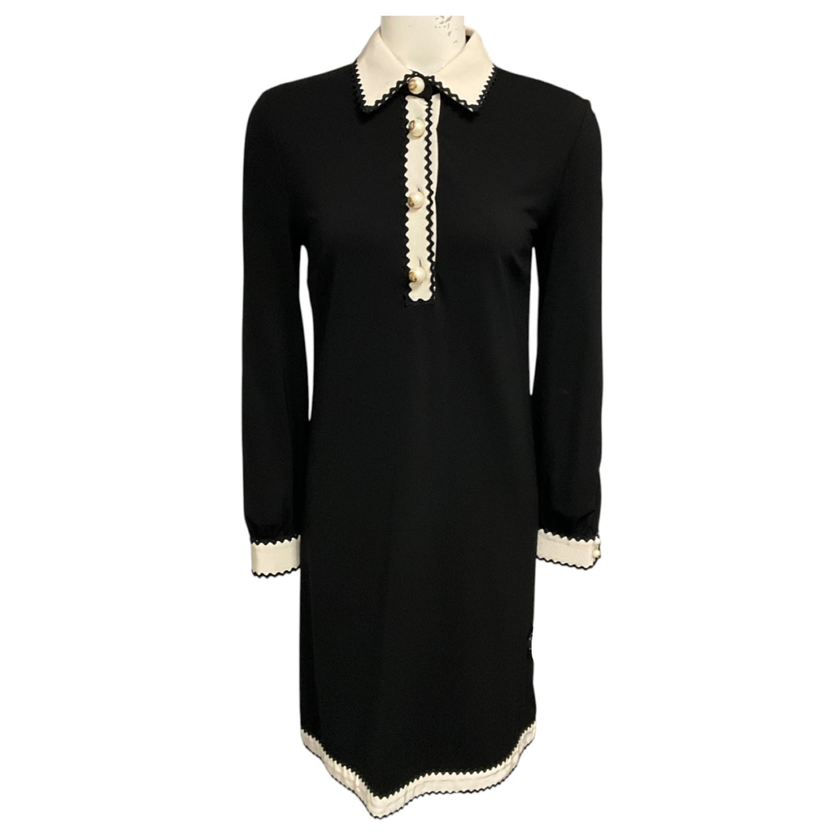 Gucci Black / Ivory Long Sleeved Viscose Stretch Midi Dress with GG Logo Pearl Buttons