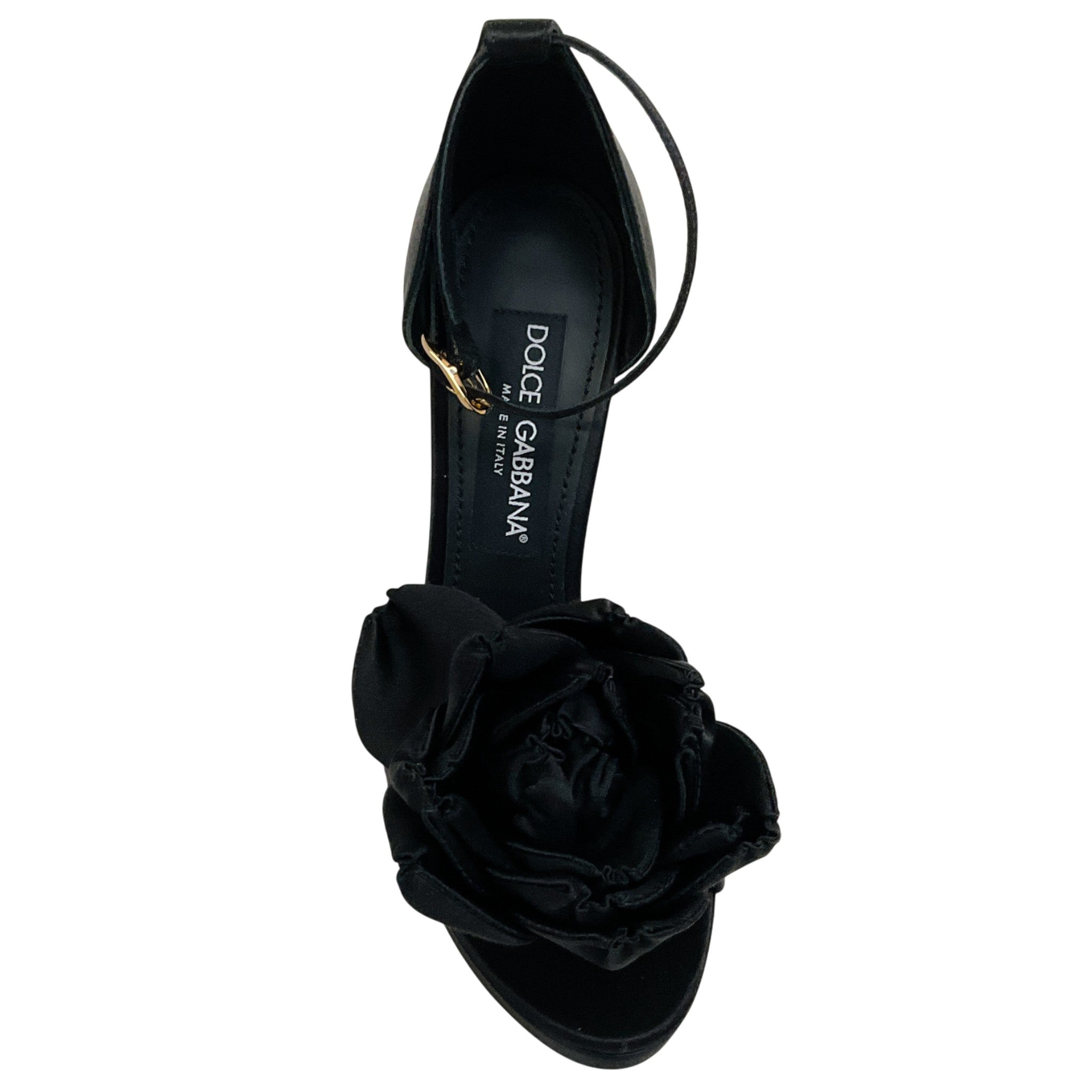 Dolce & Gabbana Black Satin Keira Platform Sandals with Rose Applique