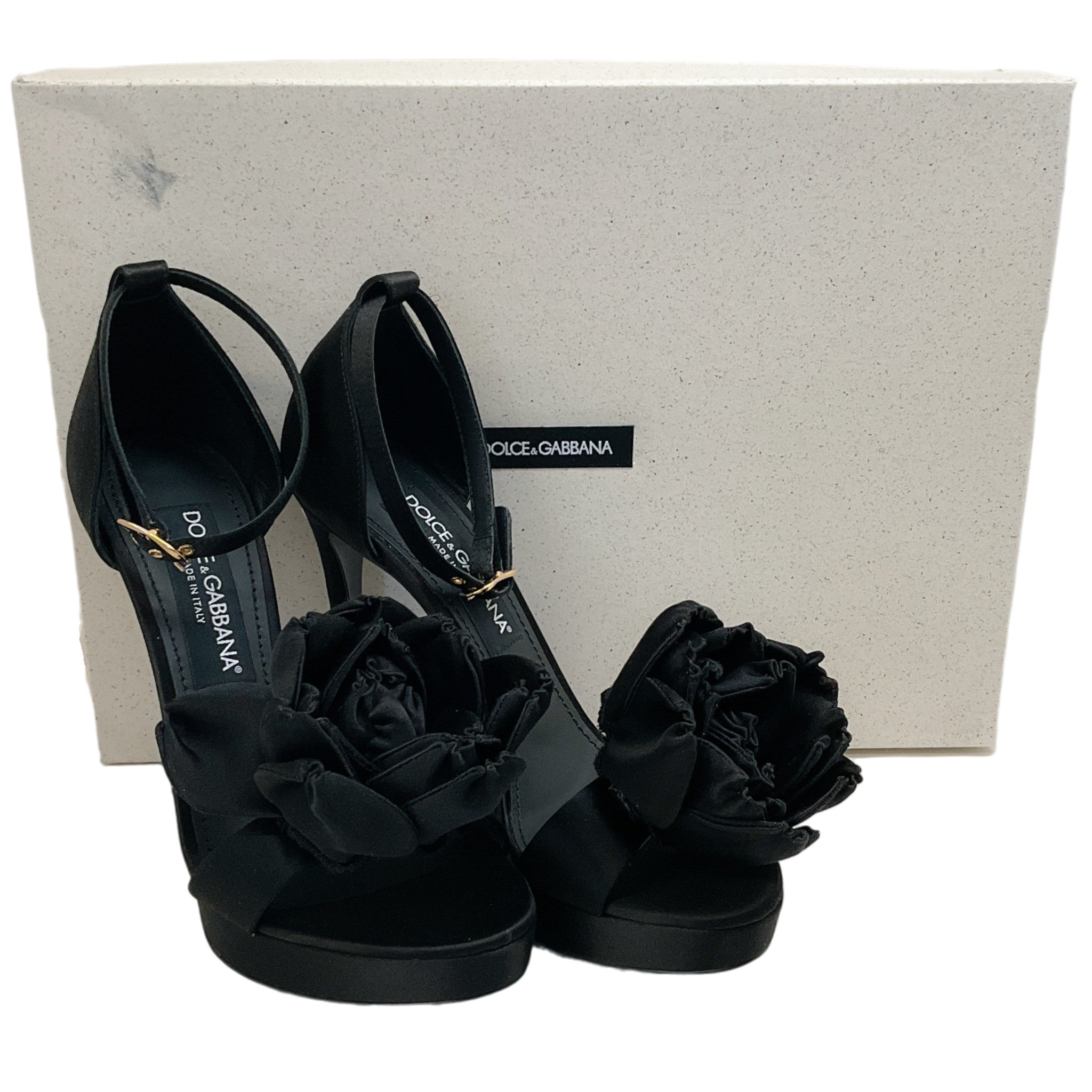 Dolce & Gabbana Black Satin Keira Platform Sandals with Rose Applique