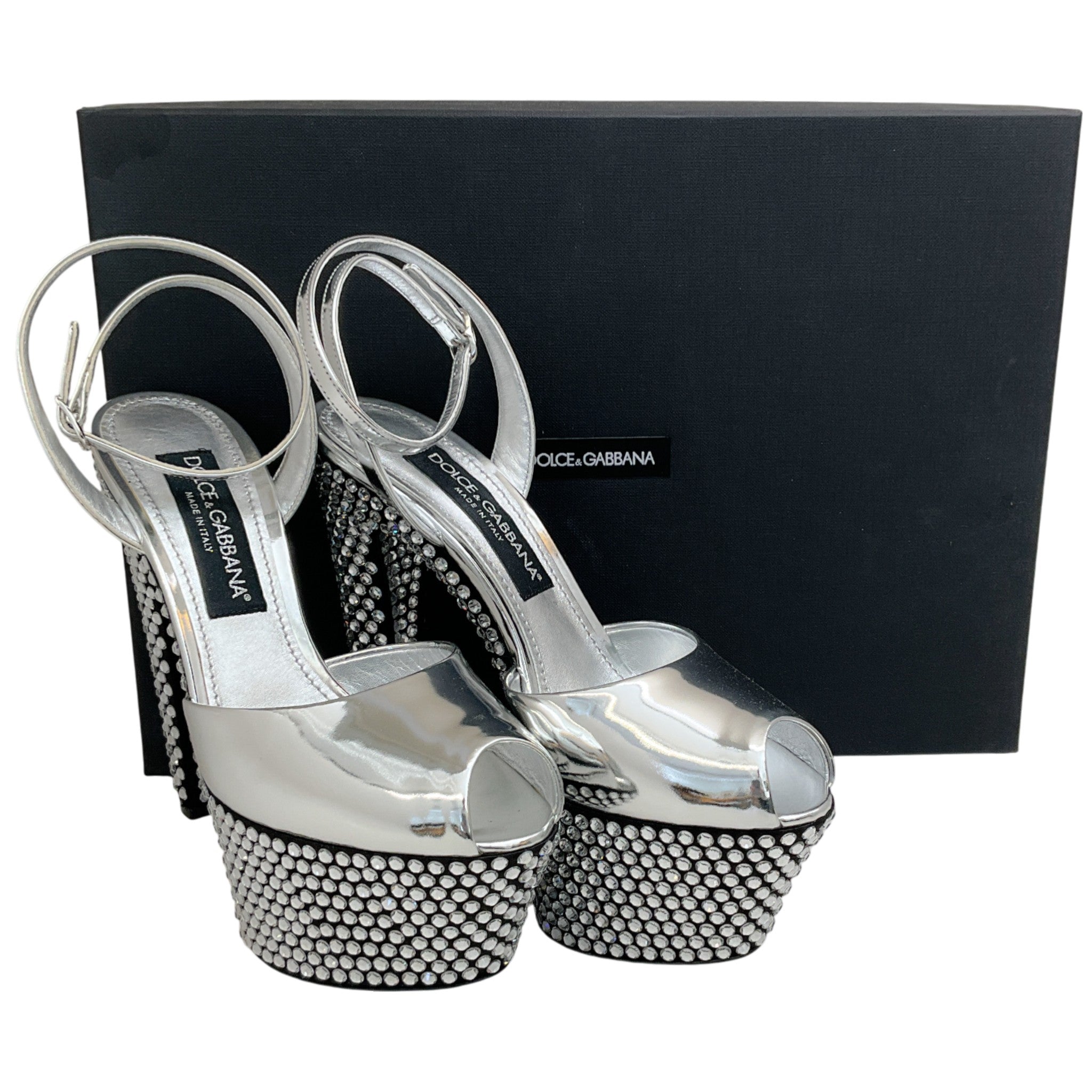 Dolce & Gabbana Mirrored Leather Crystal Embellished Platform Sandals
