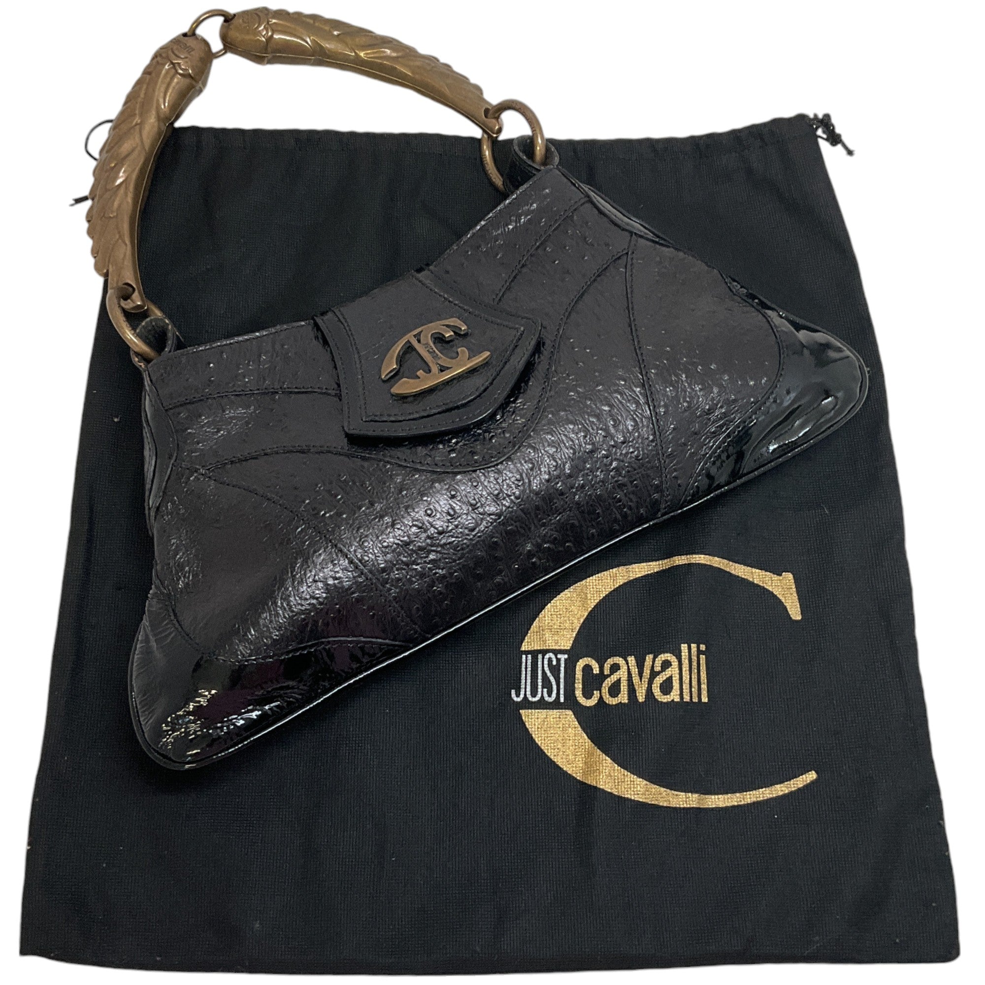 Just Cavalli Black Leather Wing Handle Shoulder Bag