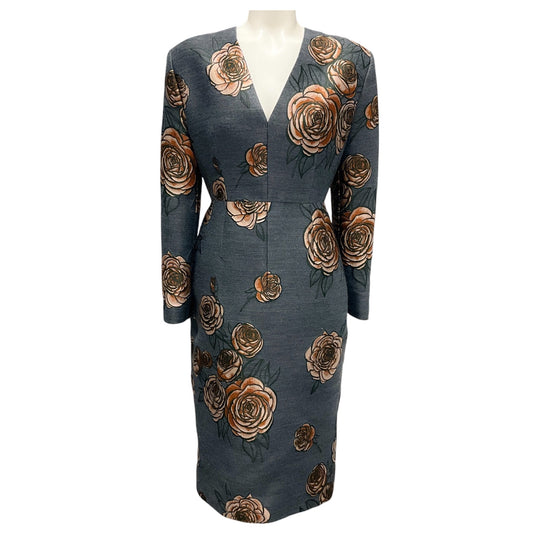 Aquilano Rimondi Charcoal Grey / Brown Rose Jacquard Cocktail Dress
