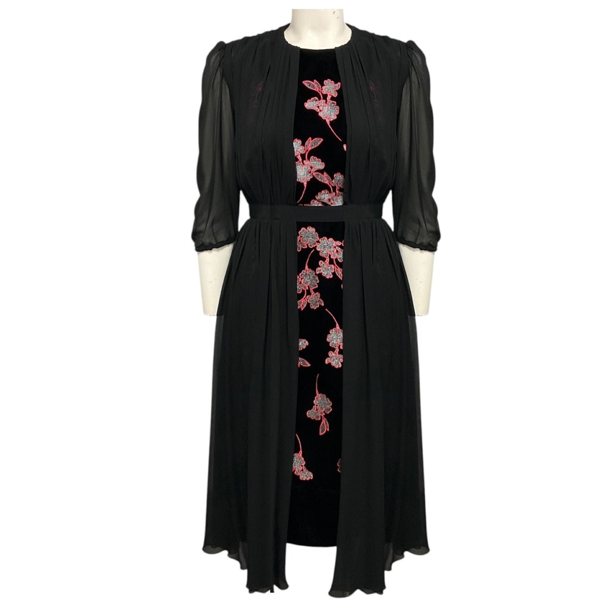 Giambattista Valli Black / Pink Floral Embroidered Velvet and Chiffon Midi Dress