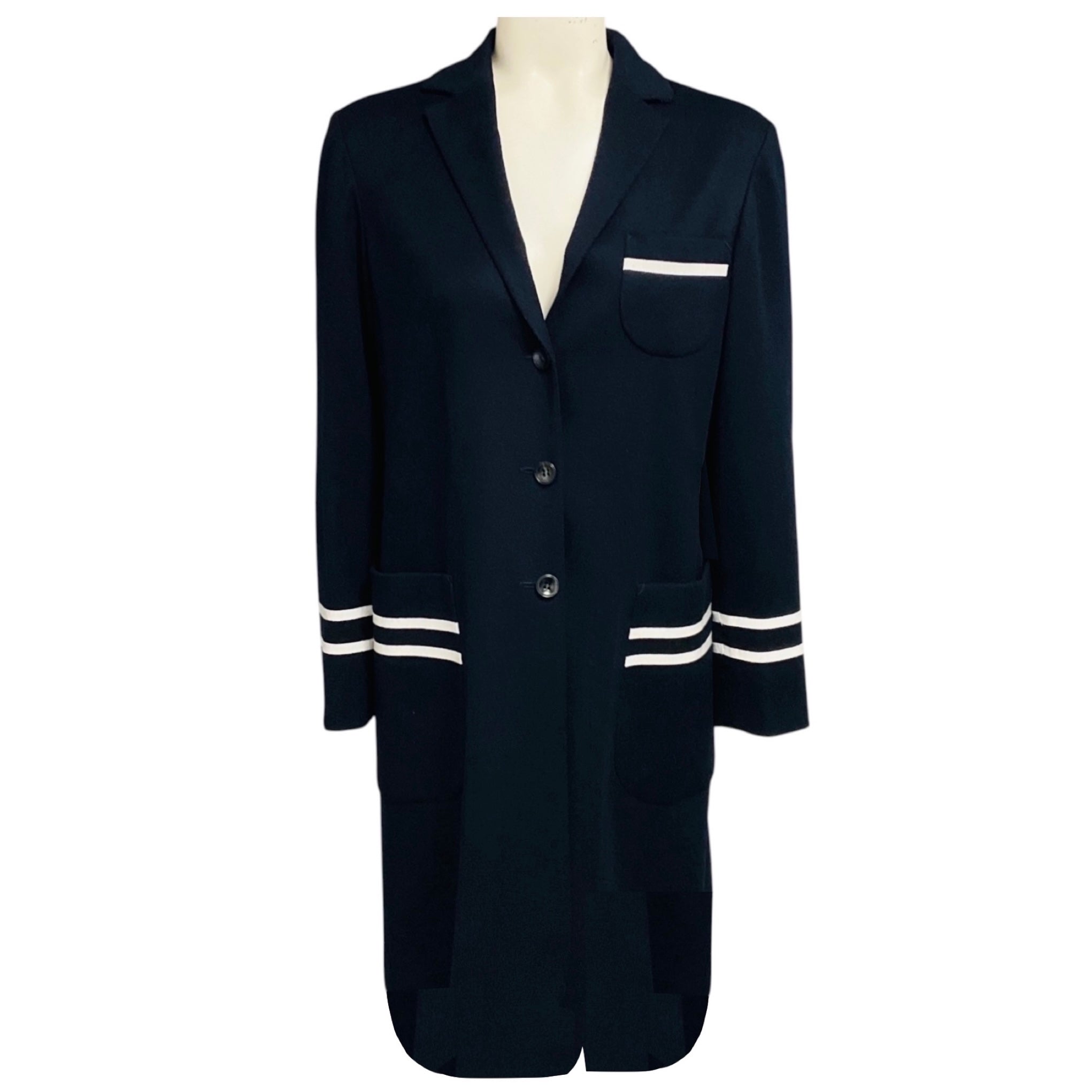 Kiton Navy Blue / White Grosgrain Stripe Trimmed Mid Length Cashmere Coat