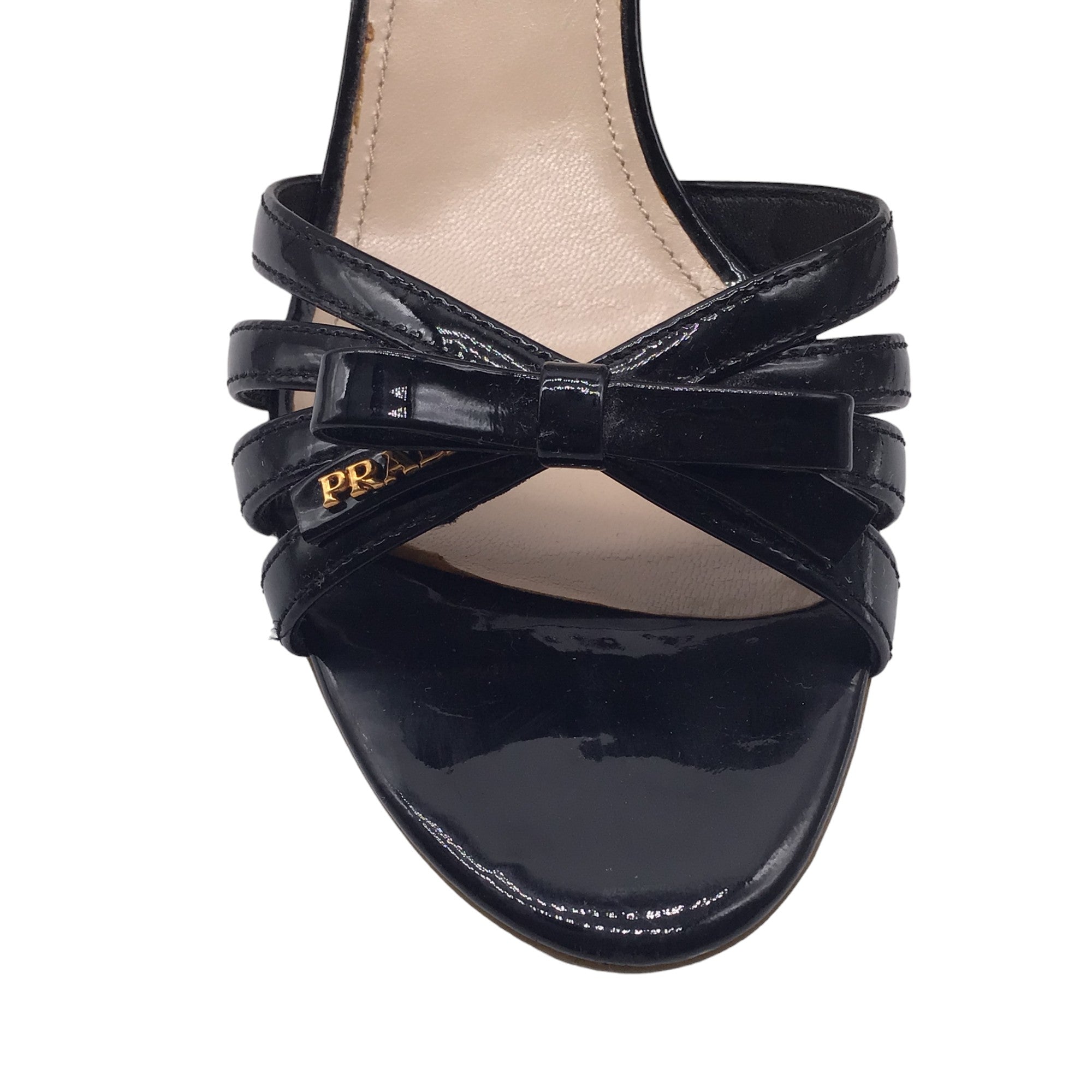 Prada Black Bow Detail Patent Leather Ankle Strap Cork Wedge Heel Sandals