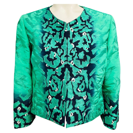 Oscar de la Renta Green / Navy Blue Embroidered Satin Jacket