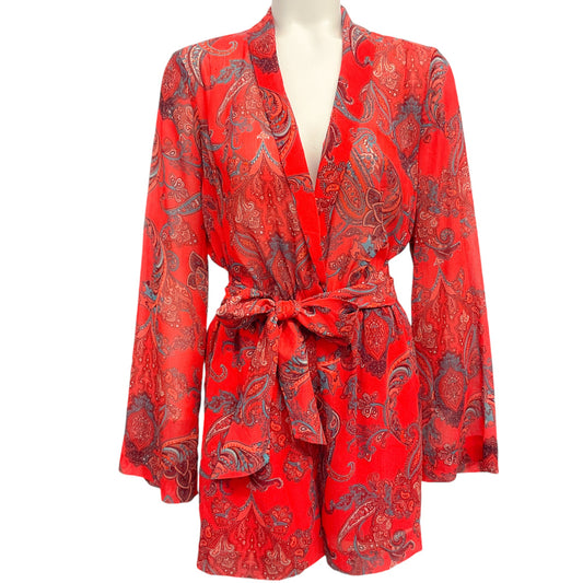 L'Agence Fire Red Multi Arabell Large Paisley Tie Waist Romper
