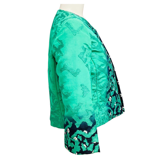 Oscar de la Renta Green / Navy Blue Embroidered Satin Jacket