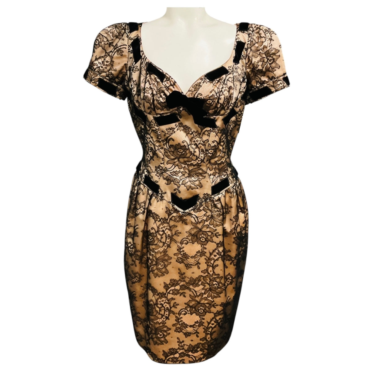 Thierry Mugler Vintage Nude / Black Floral Lace Midi Dress