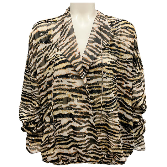 Redemption Beige / Tan / Black Sequined Leopard Printed Chiffon Top