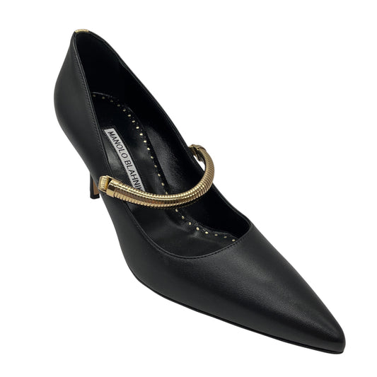 Manolo Blahnik Black Pointed Toe Leather Pumps with Gold Strap