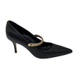 Load image into Gallery viewer, Manolo Blahnik Black Pointed Toe Leather Pumps with Gold Strap
