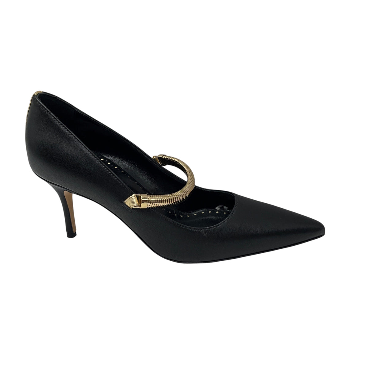Manolo Blahnik Black Pointed Toe Leather Pumps with Gold Strap