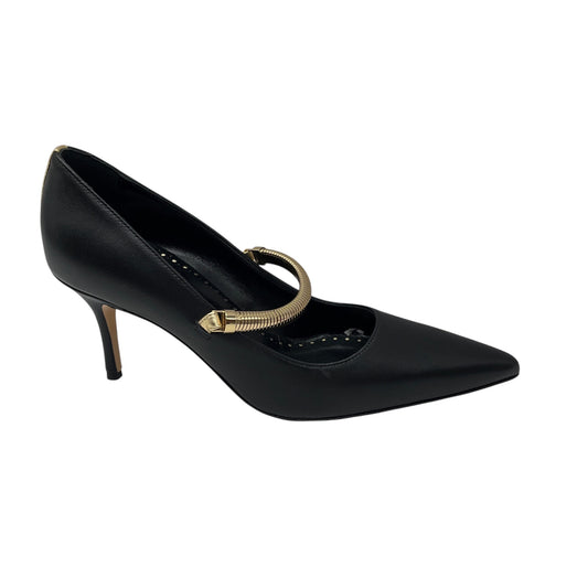 Manolo Blahnik Black Pointed Toe Leather Pumps with Gold Strap
