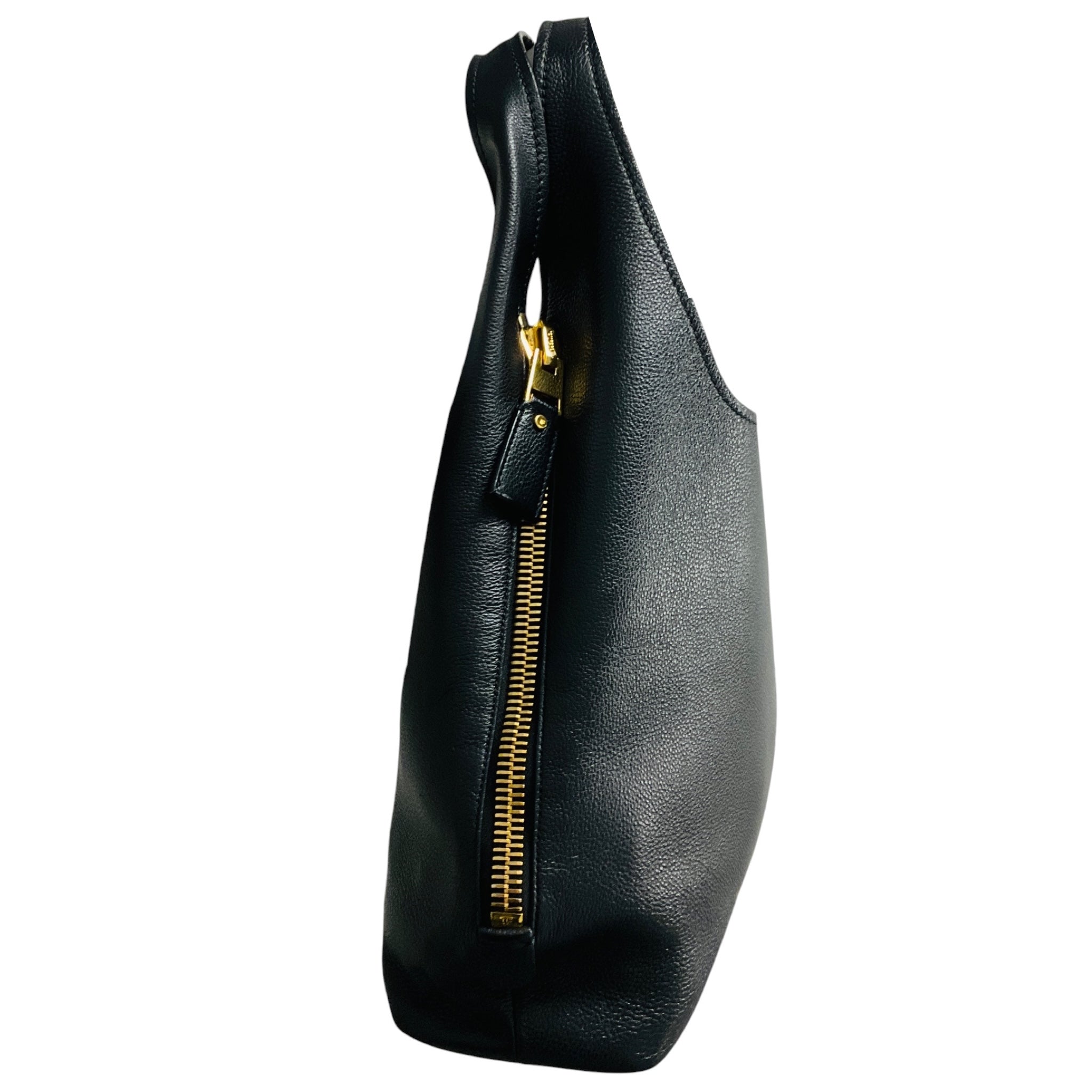 Tom Ford Black / Gold Zipper Detail Grained Leather Hobo Bag