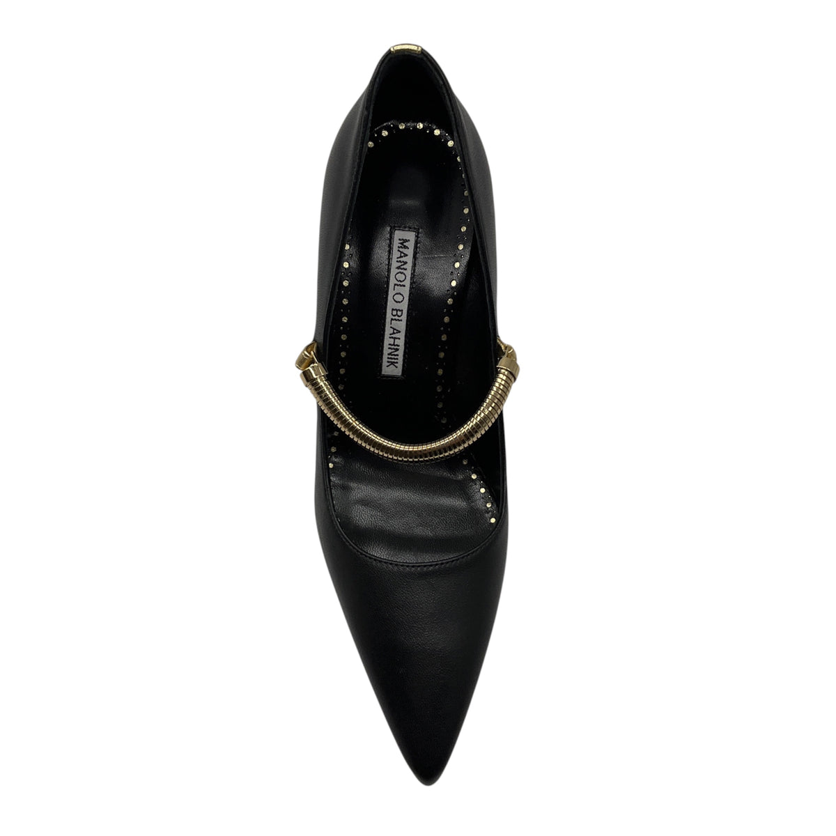 Manolo Blahnik Black Pointed Toe Leather Pumps with Gold Strap