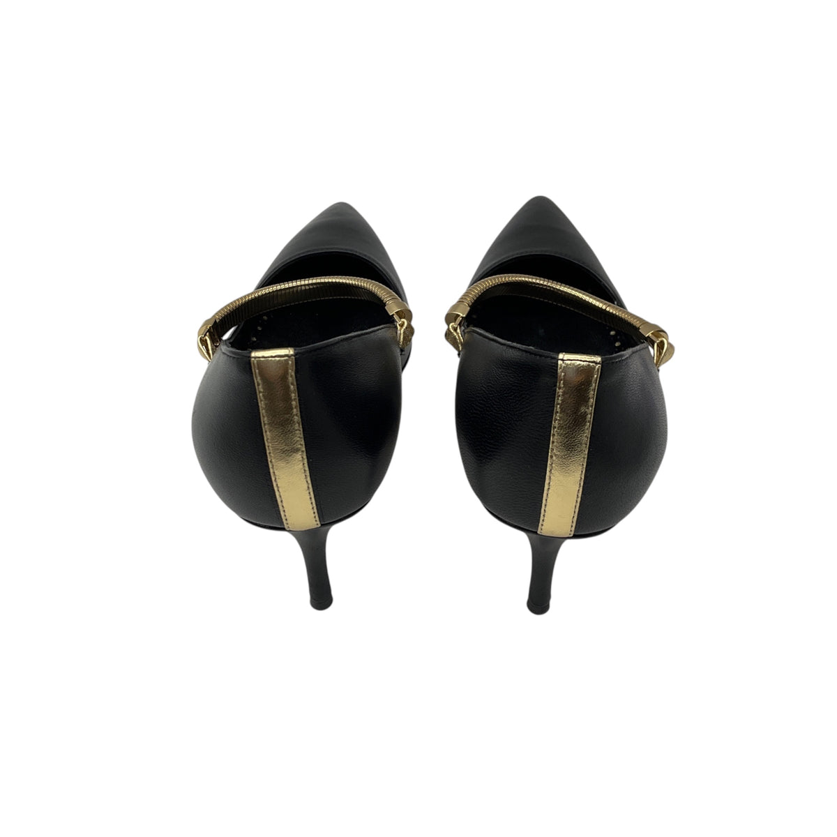 Manolo Blahnik Black Pointed Toe Leather Pumps with Gold Strap